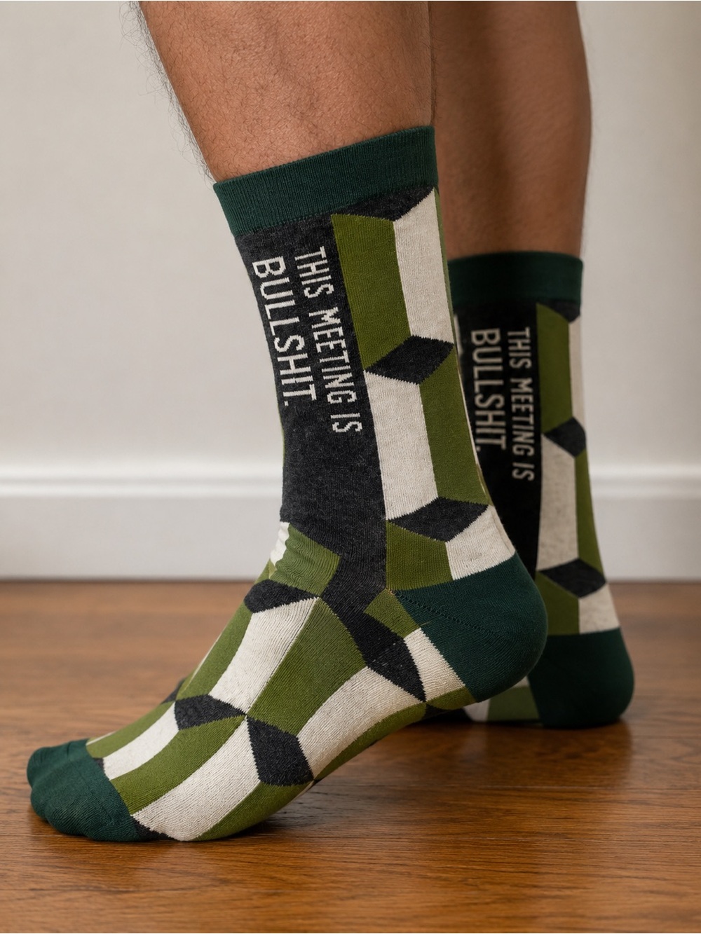 NWT Blue Q Green Geometric Socks - "This Meeting Is Bullshit"